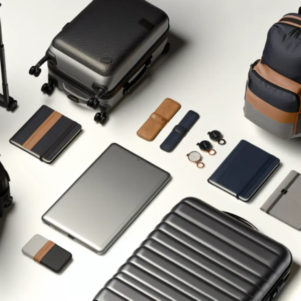 Utazási felszerelések flatlay fotója: bőrönd, hátizsák és utazási kiegészítők egy asztalon